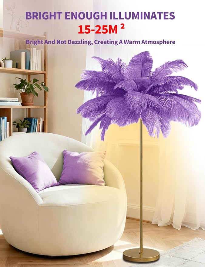 Feather Floor Lamp,Fluffy Ostrich Feather Floor Lamp for Bedroom,3 Color Temperatures Led Corner Modern Floor Lamps for Living Room Christmas Home Decor House Warming Gifts,63″ Height (Light Purple)