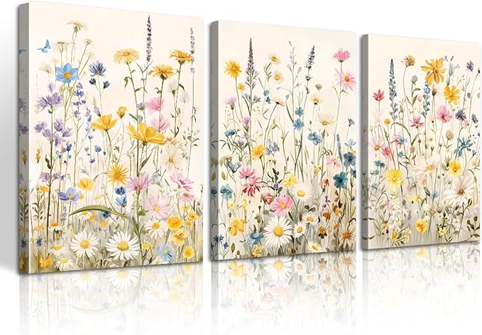 WENGTIAO 3Pcs Framed Colorful Wildflower Canvas Wall Art, Yellow Watercolors Flowers Wall Pictures Floral Canvas Prints Wall Decor Paintings for Living Room Girls Bedroom Ready to Hang 16"x24"x3
