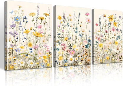 WENGTIAO 3Pcs Framed Colorful Wildflower Canvas Wall Art, Yellow Watercolors Flowers Wall Pictures Floral Canvas Prints Wall Decor Paintings for Living Room Girls Bedroom Ready to Hang 16"x24"x3