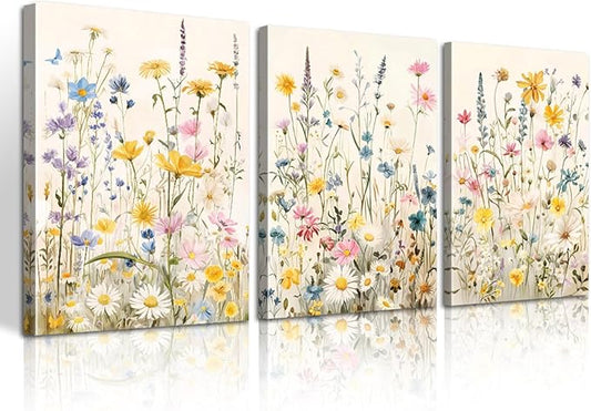 WENGTIAO 3Pcs Framed Colorful Wildflower Canvas Wall Art, Yellow Watercolors Flowers Wall Pictures Floral Canvas Prints Wall Decor Paintings for Living Room Girls Bedroom Ready to Hang 16"x24"x3