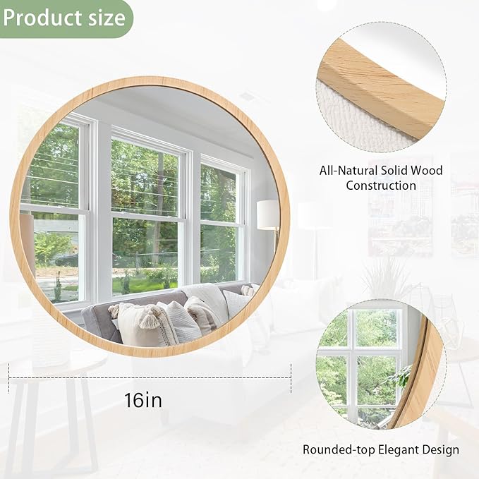 JJUUYOU Round Mirror Wall Mounted Circle Mirror Circular Vintage Wood Frame Mirrors for Bathroom Living Room Bedroom Dormitory Washroom Mirrors,Wood