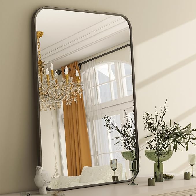 Easly 20 x 28 Inch Bathroom Mirror, Rounded Rectangular Vanity Mirror for Wall, Modern Mirror for Room Decor, Black Framed Wall-Mounted Mirrors for Home Decor, Hangs Horizontally or Vertically