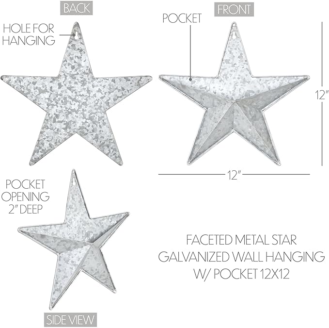 VHC Brands Patriotic Faceted Metal Star Galvanized Wall Hanging w/Pocket 12x12, Independence Day Decor, American Star with display pocket, Distressed Appearance Wall Hanging, Grey