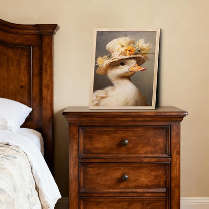 Vintage Duck Canvas Wall Art, Cute Duck Pictures Wall Decor, Cottagecore Duck Painting with Straw Hat, Farmhouse Animal Artwork for Bathroom Kitchen Bedroom Nursery 12x16 Inch Framed