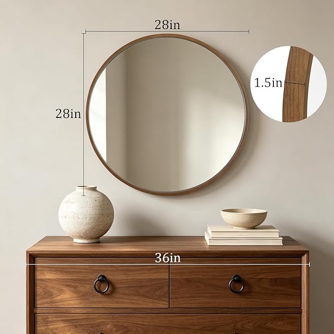 HOMECOOKIN Round Wood Mirror 28 inch Circle Mirror, Rustic Farmhouse Wooden Framed Decorative Wall Decor, Vanity Wall Mirror for Bathroom, Bedroom, Entryway, Living Room (Walnut)