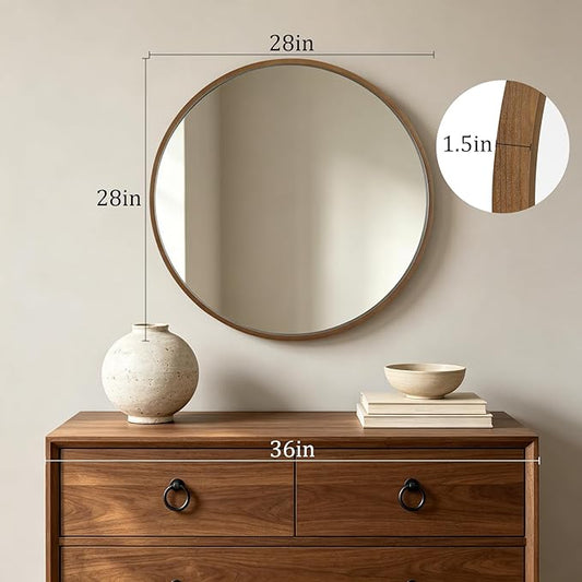 HOMECOOKIN Round Wood Mirror 28 inch Circle Mirror, Rustic Farmhouse Wooden Framed Decorative Wall Decor, Vanity Wall Mirror for Bathroom, Bedroom, Entryway, Living Room (Walnut)