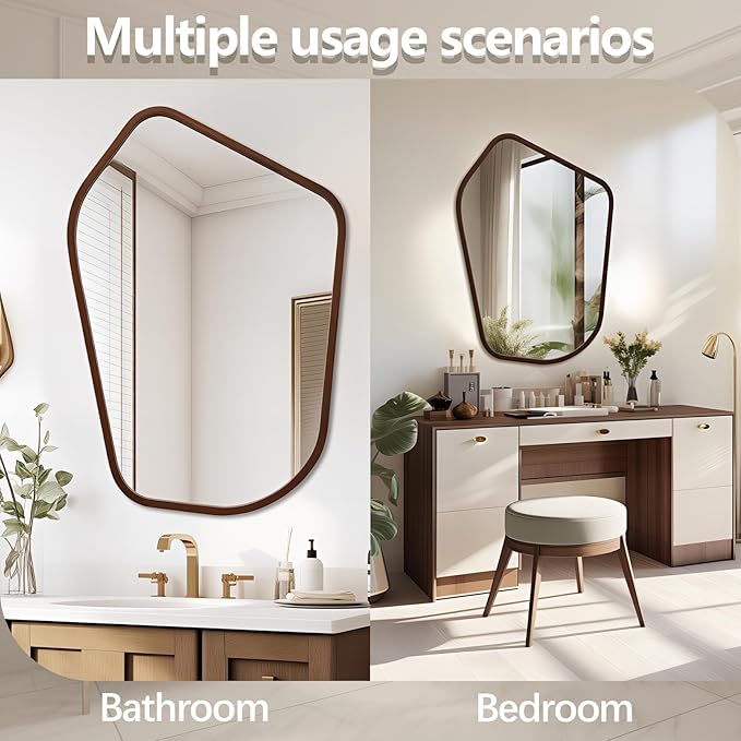 40"x28" Irregular Wall Mirror, Farmhouse Asymmetrical Mirror for Wall Decor, Wood Frame Bathroom Mirror for Living Room Bedroom Entryway Bathroom, Vertically, Walnut