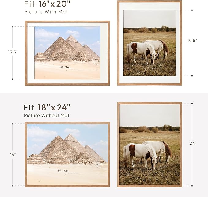 18x24 Poster Frame, Solid Oak 18x24 Poster Frames Matted to 16x20, 24x18 Natural Wooden Frame Horizontal or Vertical Wall Mounting, Set of 1