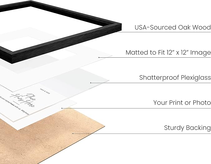 HAUS AND HUES Black Oak Wood 16x16 Picture Frame - Modern Square Frame with Mat, Minimalist Frame for Posters and Prints (16x16 in, Black, Set of 1)