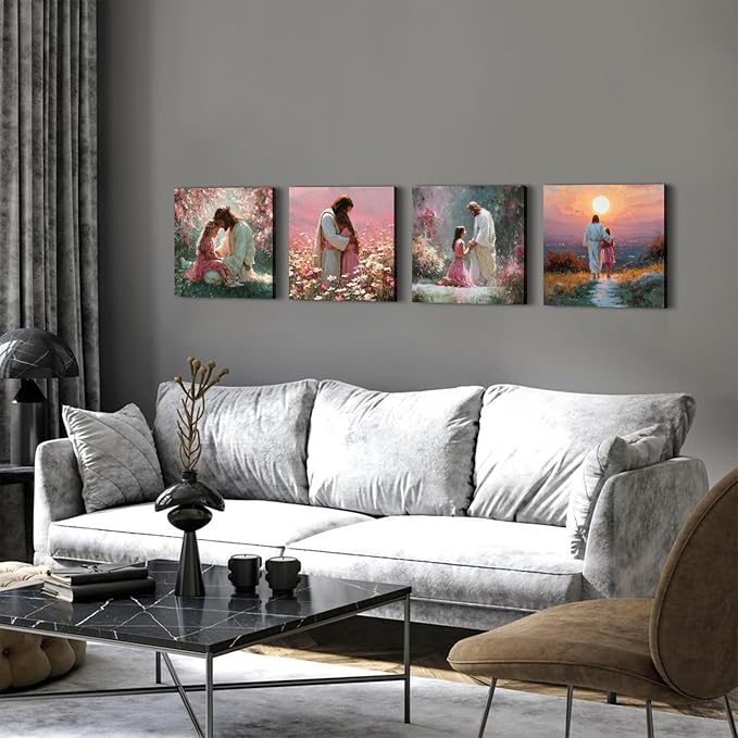 4 Piece Christian Canvas Wall Art Jesus Wall Decor Jesus Embracing Girls Pictures Canvas Prints Pink Women Bedroom Decor Sunset Landscape Posters Prayer Religious Artwork Living Room Decoration 12x12”