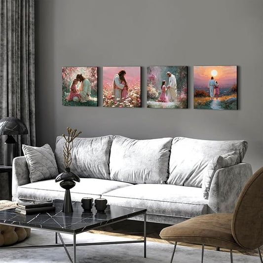 4 Piece Christian Canvas Wall Art Jesus Wall Decor Jesus Embracing Girls Pictures Canvas Prints Pink Women Bedroom Decor Sunset Landscape Posters Prayer Religious Artwork Living Room Decoration 12x12”