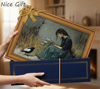 Vintage Gold Framed Canvas Wall Art, Girl Magpie Poster Artwork, Dark Moody Print Picture, Melancholic Aesthetic Painting Wall Decor, for Living Room, Bedroom, Study Home Decoration, 12x16in