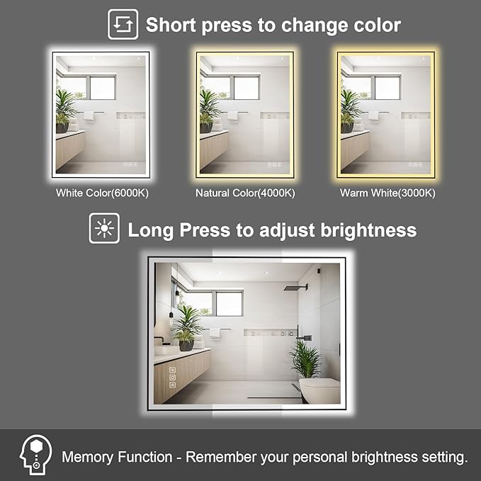 24x32 inches Rectangular Aluminum Black Framed LED Mirror, Smart Bathroom Mirror with Lights, Anti-Fog, Tempered Glass, 3 Colors Dimmable, Front and Backlit, Wall Mounted, Memory