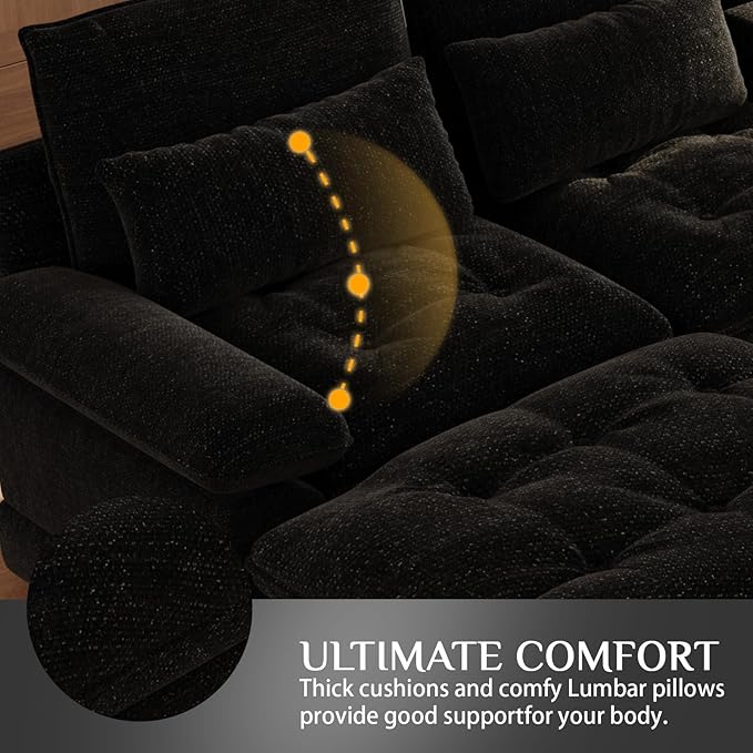 134"U Shaped Sectional Couches for Living Room, Oversized Modular Sectional Fluffy Couch with 2 Ottoman & Storage Console,Modern 6 Seat Living Room Sofa with Glitter Fabric,Tufted Buttons, Black