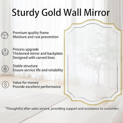POZINO Gold Scalloped Mirror, 24"x36" Modern Rectangle Aesthetic Mirror with Wood Frame, Irregular Wavy Mirrors for Bathroom Living Room Bedroom Entryway Hallway, Hangs Vertically or Horizontally