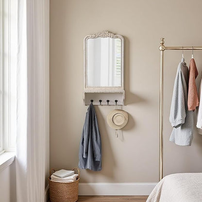 Vintage Mirror with Shelf and 4 Hooks 30 X 16 Inch, Hanging Distressed White Wood Framed Rustic Wall Mirror Decorative with Storage for Entryway Bathroom Living Room Bedroom