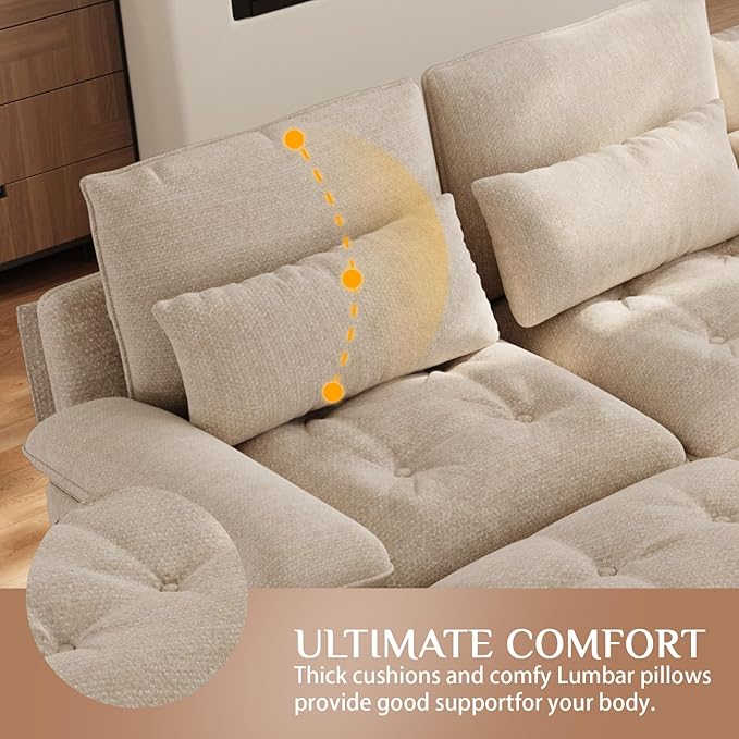 134"U Shaped Sectional Couches for Living Room, Oversized Modular Sectional Fluffy Couch with 2 Ottoman & Storage Console,Modern 6 Seat Living Room Sofa with Glitter Fabric,Tufted Buttons, Camel