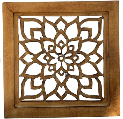 DharmaObjects Handcrafted Lotus Wood Wall Panel Decor Hanging Art 16" X 16" (Walnut)
