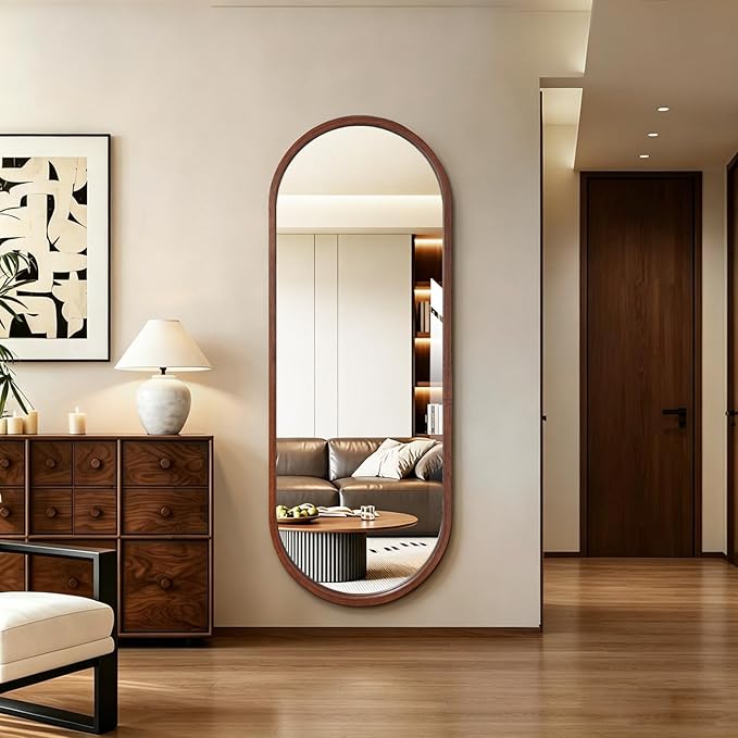 Niccy 66"×24" Wood Full Length Mirror, HD Long Walnut Oval Wall-Mounted Mirrors, Large Body Hanging Mirrors for Living Room, Explosion-Proof Wooden Frame Mirrors for Entryway, Bedroom, Walnut