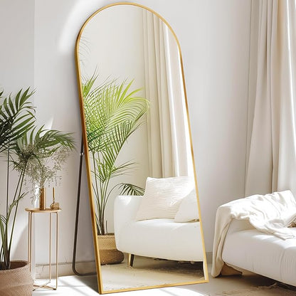 DUMOS 64"x21" Arched Full Length Floor Mirror, Full Body Mirror with Stand, Shatterproof Tempered Glass, Modern Aluminum Alloy Frame, Free Standing or Leaning for Home Decor, Gold