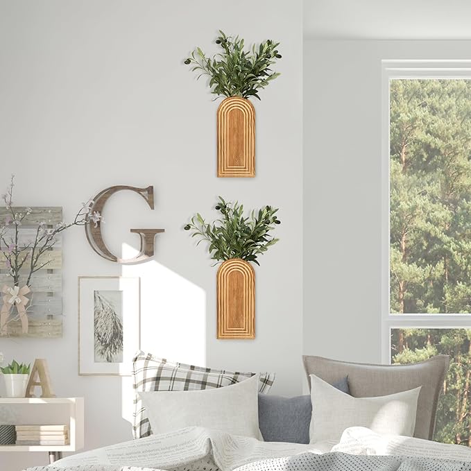 2 Pack Wall Decor Wood Wall Planters for Indoor Plants, Modern Wall Planter for Bathroom, Living Room, Kitchen Decor, Farmhouse Wood Vase for Dried Flowers and Faux Greenery (Rustic Brown)