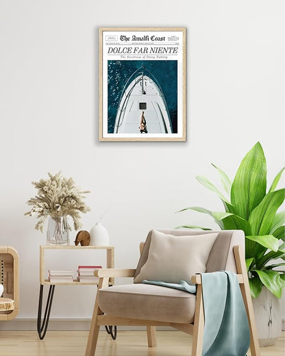 EcoHest Small Trendy Newspaper Dolce Far Niente Framed Wall Art, 8x10 in OAK Wood La Dolce Vita Canvas Wall Art, Magazine Italian Summer Headline Print Decor, Set of 1 for Bedroom Living Room