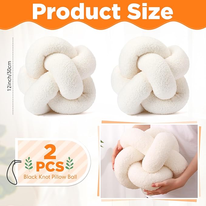 Beeveer 2 Pcs Knot Pillow Ball 12 Inch Soft Decorative Teddy Boucle Knot Throw Pillows for Home Bed Couch Living Room Decor(Ivory)