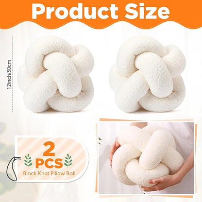 Beeveer 2 Pcs Knot Pillow Ball 12 Inch Soft Decorative Teddy Boucle Knot Throw Pillows for Home Bed Couch Living Room Decor(Ivory)