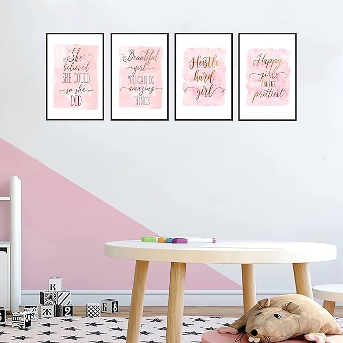 Set of 4 Framed Motivational Wall Art Quote Letters for Living Room Home Decor, Canvas Painting Posters Print Pictures Positive Words for Home Office Teen Bedroom Decoration Nordic
