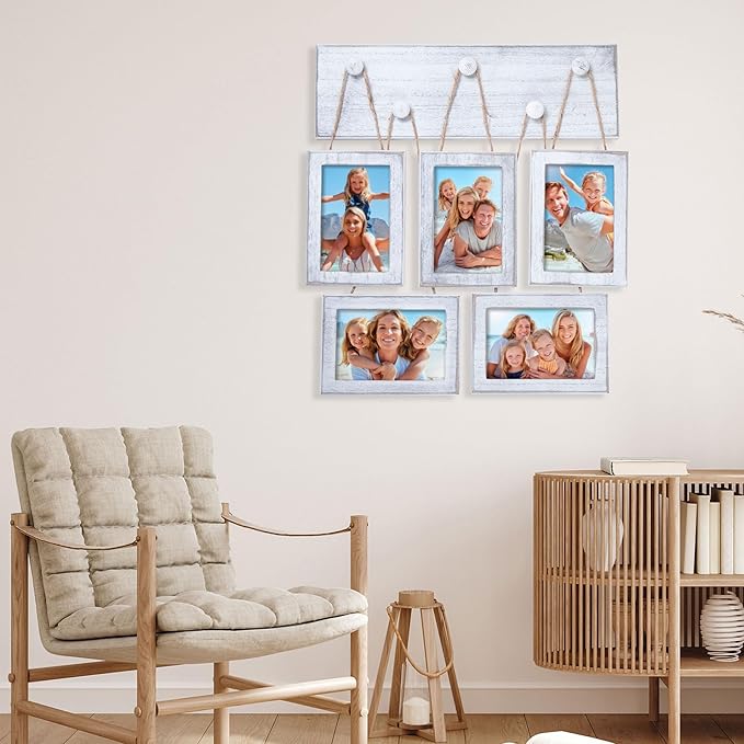 4x6 Picture Frames Collage for Wall Set of 5, Rustic Farmhouse Distressed Solid Wood Photo Frames, White Vintage Wooden Frames for Wall & Tabletop Display, Gallery Wall Decor for Living Room Bedroom