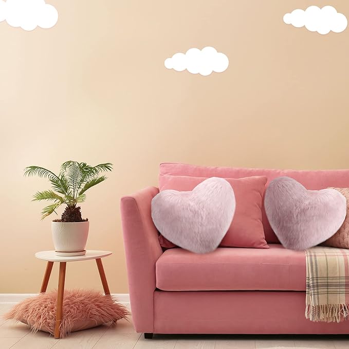 Enhon 2 Pcs Fluffy Heart Pillows Faux Fur Heart Shaped Plush Pillow Soft 20 x 15.7 Inch Love Throw Pillows with Insert for Decorative Office Home Bedroom Living Room Sofa(Pink)