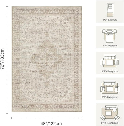 Rugxara Washable Area Rug for Living Room, Vintage Neutral Boho Rugs for Office, Dining Room, Kids Room, Farmhouse, Durable Low Pile Non Slip Carpet for High Traffic Areas, Cream(4x6ft)