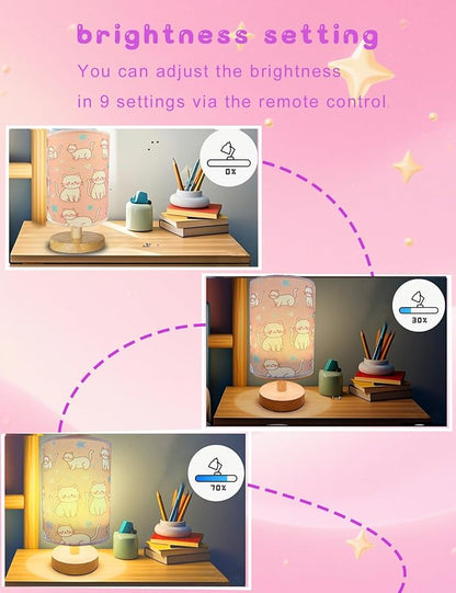 Cat Lamp, Kitty Night Light, 3 Color Changing LED Night Light with 9 Brightness Levels Wood Nightstand Desk Base Flaxen Fabric Shade for Bedroom Living Room (Pink Cat)
