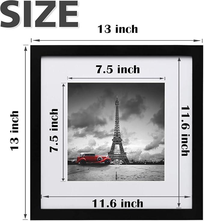 Egofine 12x12 Frame, Made of Solid Wood with HD Plexiglass for Pictures 8x8 with Mat or 12x12 without Mat, Wall Mounting Display, Set of 4, Black