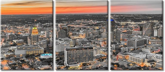 TUMOVO San Antonio Texas USA Skyline at Dusk Wall Art Canvas Print 3 Pieces RAmerican Cityscape Wall Decor for Bedroom City Skyline Artwork Paintings Wall Art Framed Ready to Hang (36" Wx16 H)