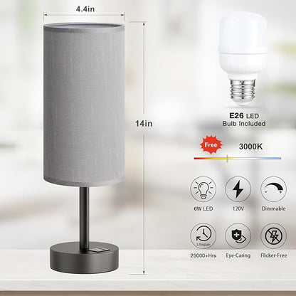Dicoool Small Touch Bedside Lamp with USB - 3 Way Dimmable Grey Table Lamp for Bedroom, Nightstand Lamp with Charging Station for Desk Dorm, Office