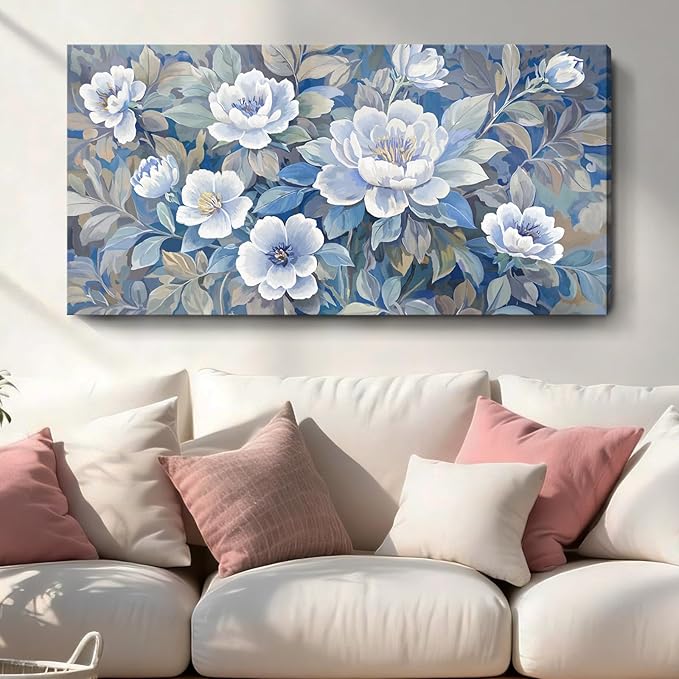 amatop Large Blue White And Gray Canvas Wall Art, Modern Natural Abstract Prints Of Plants For Living Rooms; Unique Blooming Flower Artwork For Bedrooms, Bathrooms, Dining Rooms, And Studies. 48X24In