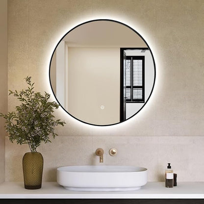 Niccy 24" LED Backlit Round Mirror for Bathroom, Black Framed Vanity Light Wall Mirror, LED Smart Circle Mirrors with 3 Lighting Colors, Round Lighted Mirror with Anti-Fog, IP65 Waterproof