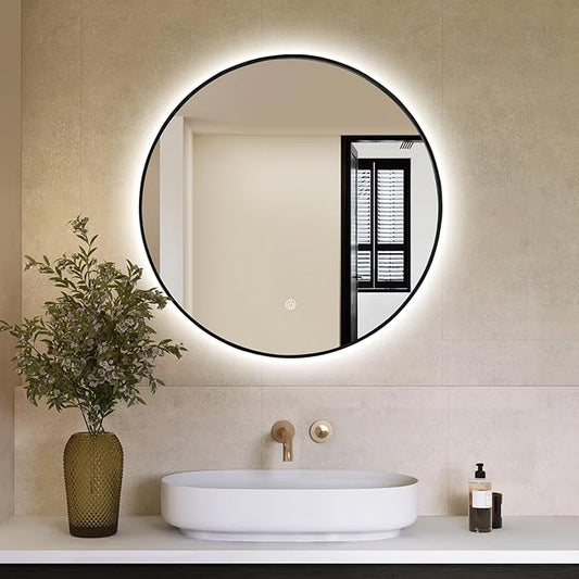 Niccy 24" LED Backlit Round Mirror for Bathroom, Black Framed Vanity Light Wall Mirror, LED Smart Circle Mirrors with 3 Lighting Colors, Round Lighted Mirror with Anti-Fog, IP65 Waterproof