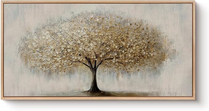 Bzstyleart Large Wood Framed Wall Art Golden Tree of Life Oil Painting Canvas Prints Aesthetic Room Decor Modern Minimalist Home Decor Pictures Artwork for Living Room Bedroom Office 20x40in