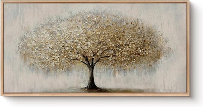 Bzstyleart Large Wood Framed Wall Art Golden Tree of Life Oil Painting Canvas Prints Aesthetic Room Decor Modern Minimalist Home Decor Pictures Artwork for Living Room Bedroom Office 20x40in