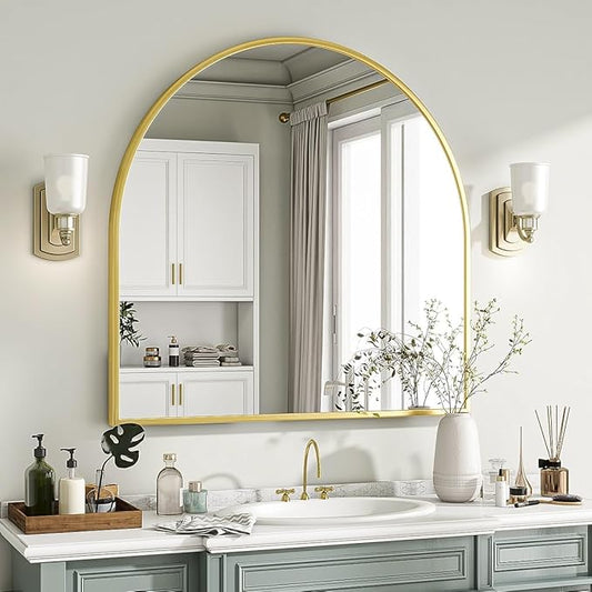 VooBang Wide Arched Wall Mirror, 31 x 32 inch Arch Bathroom Mirror, Wall Mounted Vanity Mirror with Arch Metal Frame, Modern Bathroom Vanity Mirror for Bedroom, Living Room, Hanging or Leaning, Gold