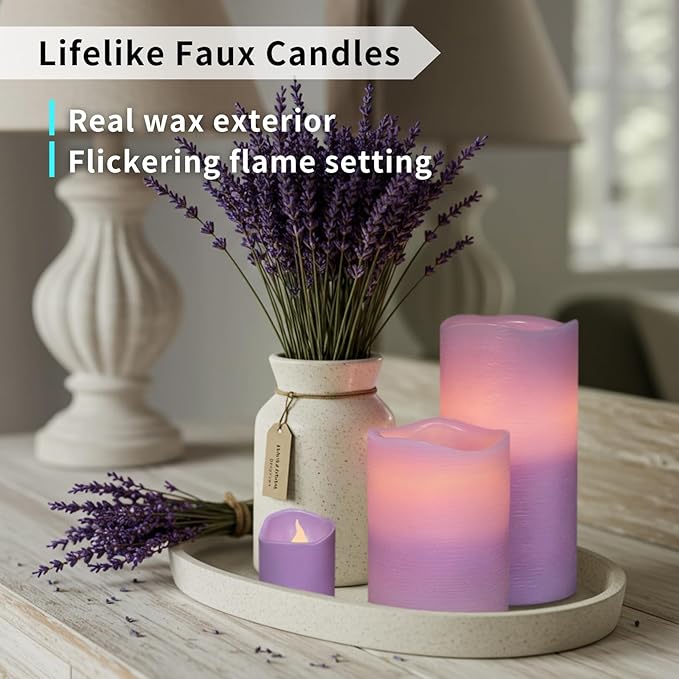 FURORA LIGHTING Purple Flameless Candles - Real Wax, Adjustable Brightness, Remote & Timer - 4 Pillars (3x4, 3x6) and 4 Votives, 8-Pack, Battery Operated