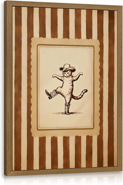 Cyebmo Western Cowboy Cat Wall Art, Funny Dancing Cat in Boots Decor, Vintage Rustic Farmhouse Animal Poster Print, Whimsical Country Western Artwork for Bedroom Living Room Wood Framed 12x16 Inch