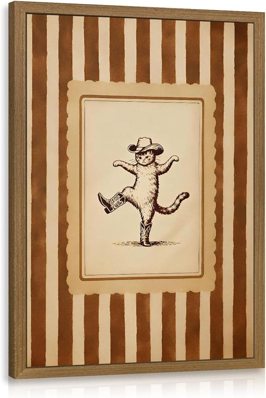 Cyebmo Western Cowboy Cat Wall Art, Funny Dancing Cat in Boots Decor, Vintage Rustic Farmhouse Animal Poster Print, Whimsical Country Western Artwork for Bedroom Living Room Wood Framed 12x16 Inch