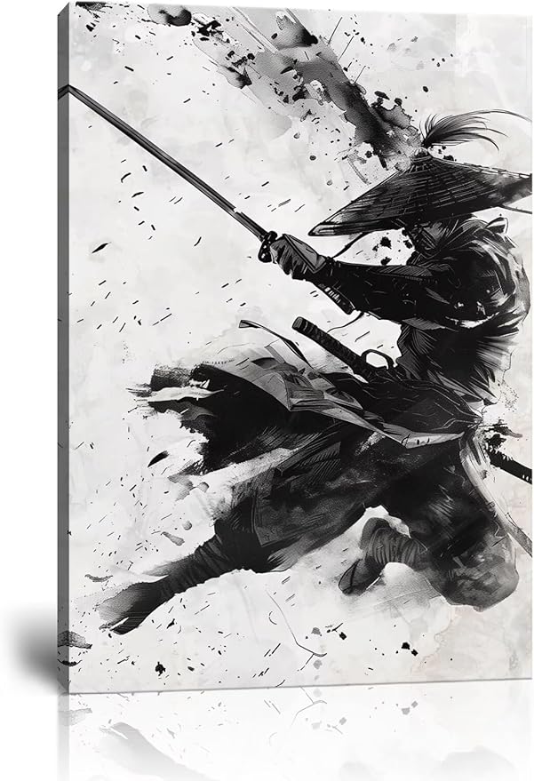 Japanese Samurai Wall Art Samurai Figure Sword Warrior Wall Posters Black and White Combat Picture Modern Watercolor Painting for Living Room Office Japan Themed Dorm Man Cave Decor (18''W x 24''H)