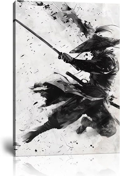 Japanese Samurai Wall Art Samurai Figure Sword Warrior Wall Posters Black and White Combat Picture Modern Watercolor Painting for Living Room Office Japan Themed Dorm Man Cave Decor (18''W x 24''H)