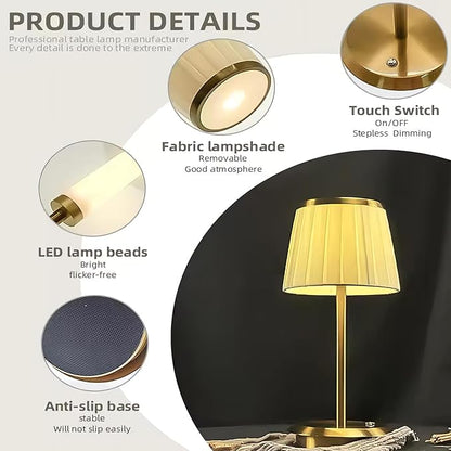 SAGAZZO Italian Style Cordless Table Lamp with Dimmer, 4200 mAh Rechargeable Battery, 3 Different Color temperatures Fabric Shade Desk Lamp, Bedside Night Lamp for Restaurant/Camp Living & Dining Room
