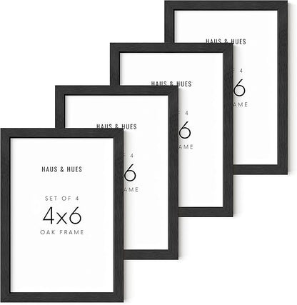 HAUS AND HUES 4x6 Black Oak Frame Set of 4 - Rustic Wooden Photo Holders for Gallery Display