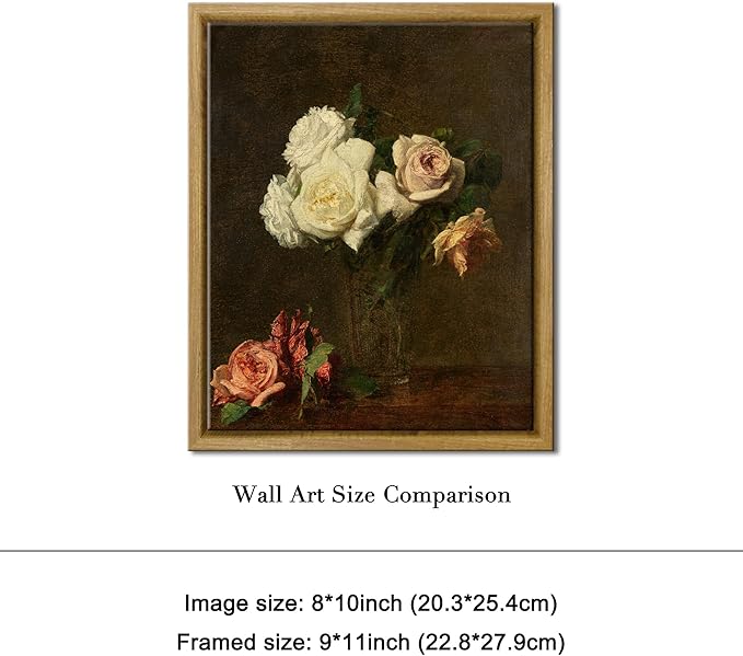 Pyradecor Vintage Retro Framed Wall Art Bathroom Decor Wall Art Roses Paintings Pictures Canvas Prints Mid Century Wall Decor for Living Room Kitchen Decorations